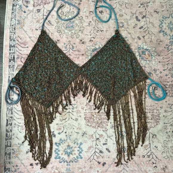 Beaded Fringe Crop Top in Teal and Gold - Picture 2 of 5